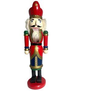 Vtg Wooden Nutcracker Soldier Figurine 15 Inch  Hand-painted Red & Gold Star Hat
